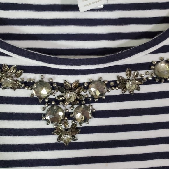 Chico's Striped Jeweled Neckline Short Sleeve Nautical Top Size Large - Picture 4 of 6